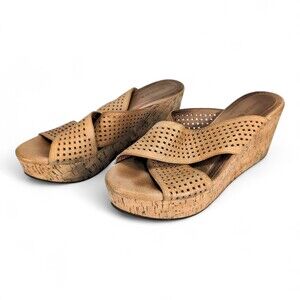 Chocolate Blu Tan Cork Wedge Sandals Size 8.5 Platform Slides